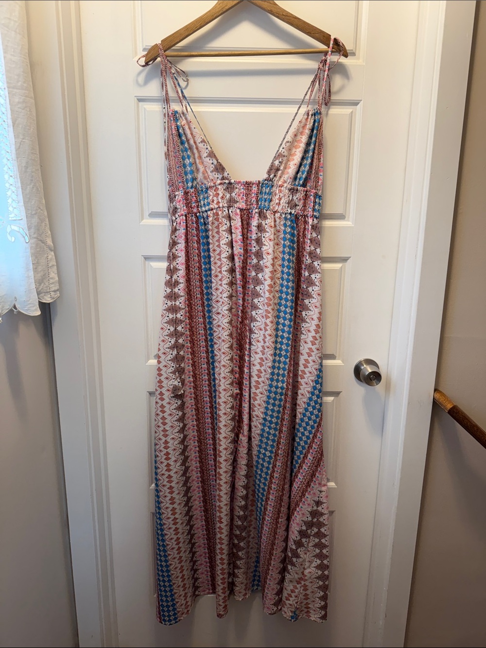 Lulu's Pink and Blue Printed Tie-Shoulder Maxi Dress